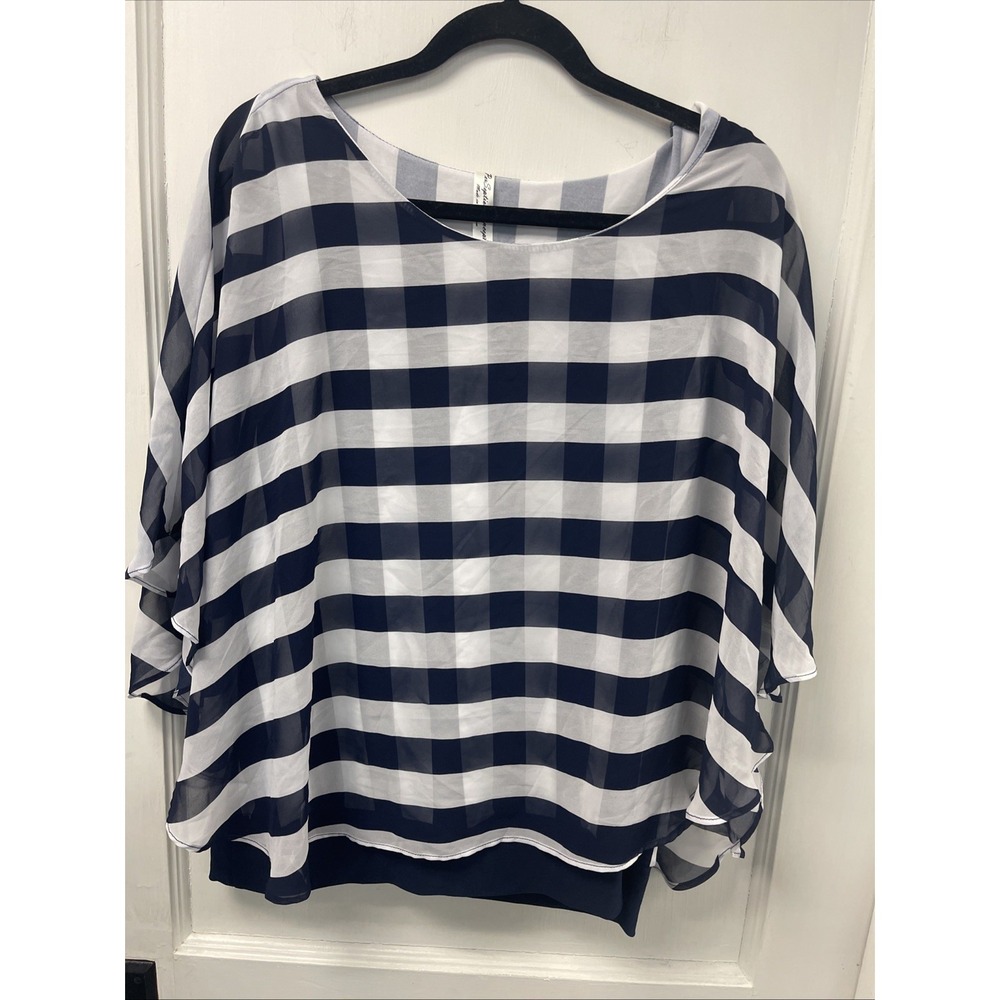 PerSeption Concept Women's Blue White Stripe Short Sleeve Flowy Blouse Size XL